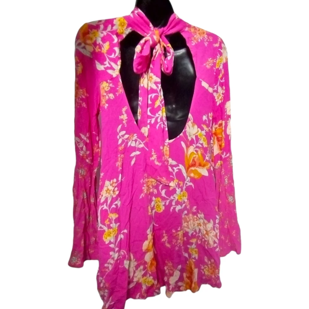 Free People Tate Bell Sleeve Floral Tunic Dress In Lollipop Combo